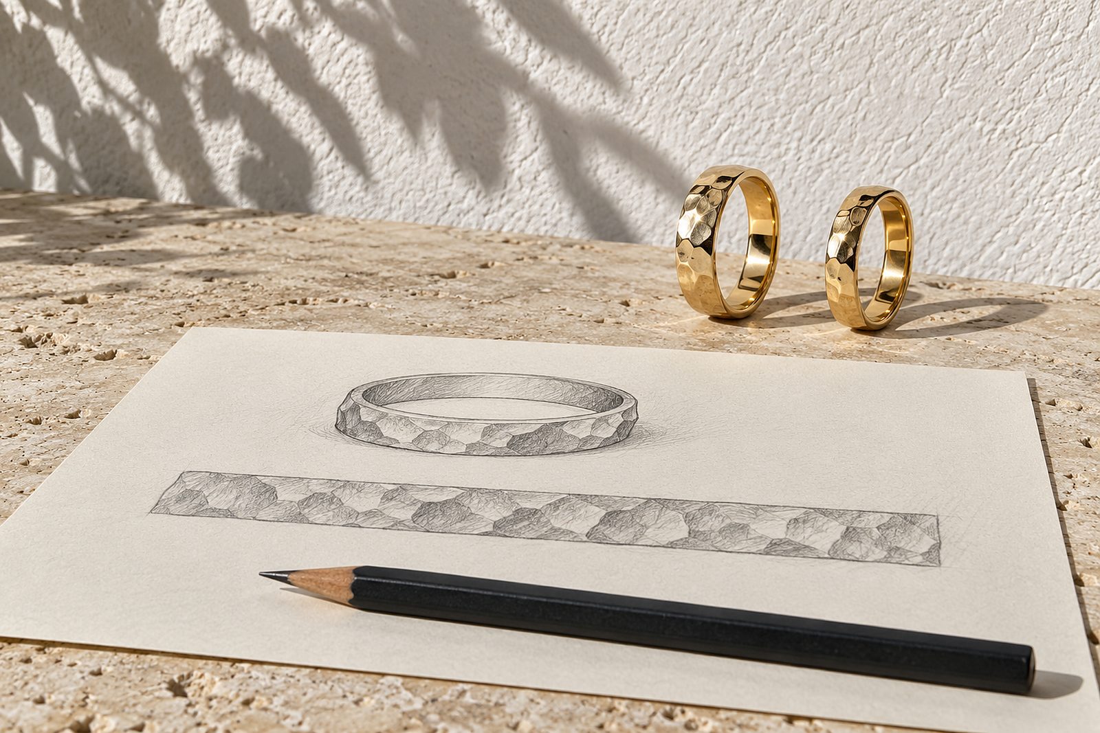 Bleistiftskizze eines gehämmerten Ringbands auf Zeichenpapier, dahinter zwei fertige gehämmerte Goldringe in der Sonne (KI-Illustration)