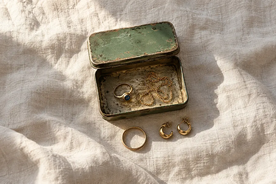 Alte Blechdose mit geerbtem Goldschmuck auf Leinen: Ring mit blauem Stein, Ehering, Ohrringe, Kette (KI-Illustration)