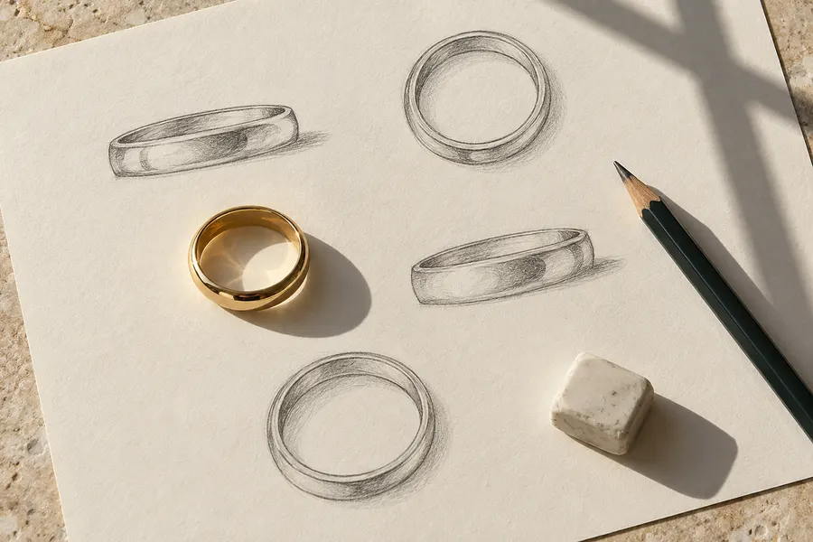 Bleistiftskizzen schlichter Ringbänder auf Zeichenpapier, daneben ein fertiges Goldband (KI-Illustration)